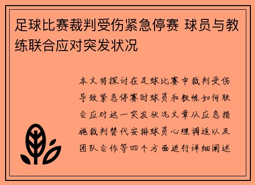足球比赛裁判受伤紧急停赛 球员与教练联合应对突发状况