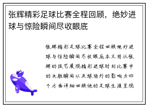 张辉精彩足球比赛全程回顾，绝妙进球与惊险瞬间尽收眼底