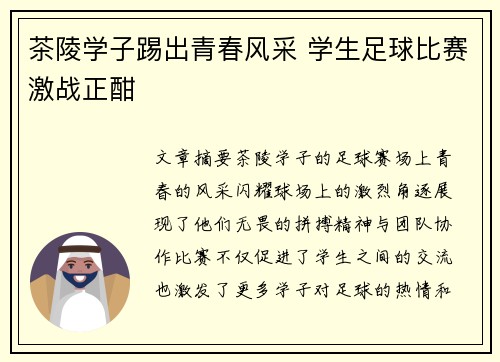 茶陵学子踢出青春风采 学生足球比赛激战正酣
