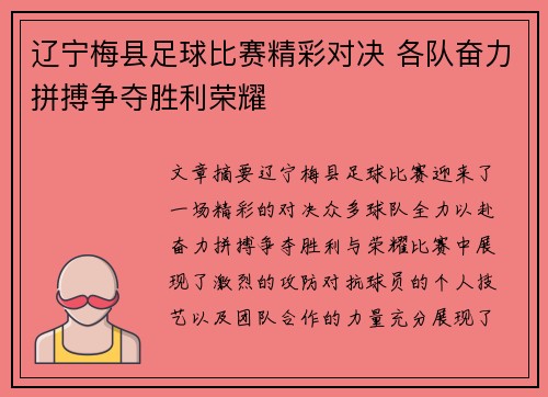 辽宁梅县足球比赛精彩对决 各队奋力拼搏争夺胜利荣耀