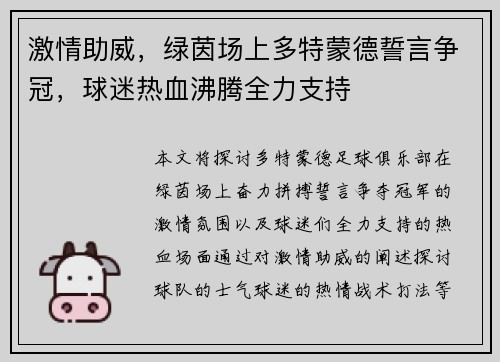 激情助威，绿茵场上多特蒙德誓言争冠，球迷热血沸腾全力支持