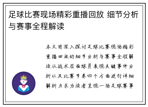 足球比赛现场精彩重播回放 细节分析与赛事全程解读