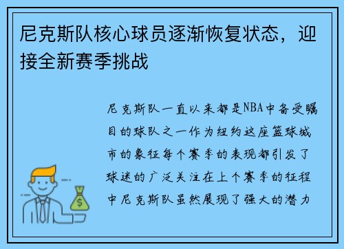 尼克斯队核心球员逐渐恢复状态，迎接全新赛季挑战