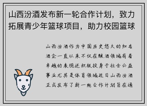 山西汾酒发布新一轮合作计划，致力拓展青少年篮球项目，助力校园篮球发展