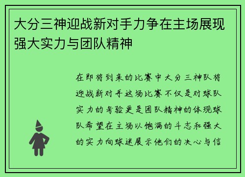 大分三神迎战新对手力争在主场展现强大实力与团队精神