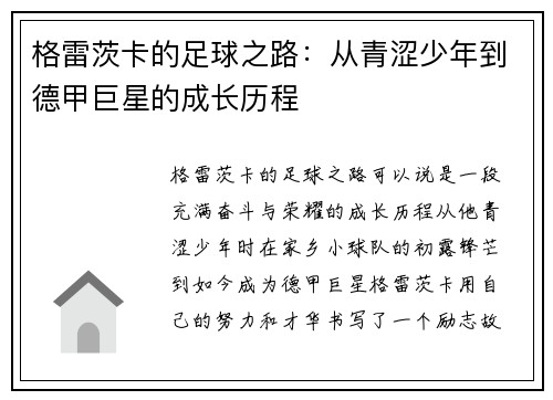格雷茨卡的足球之路：从青涩少年到德甲巨星的成长历程