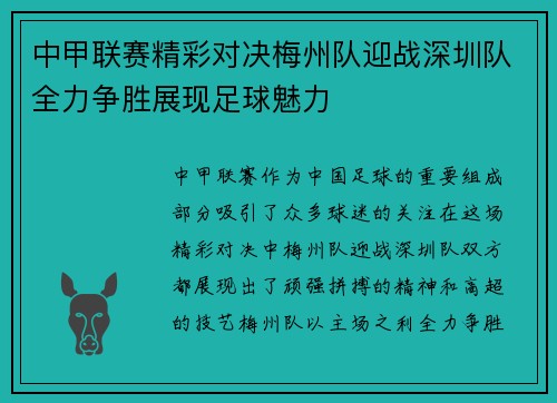 中甲联赛精彩对决梅州队迎战深圳队全力争胜展现足球魅力