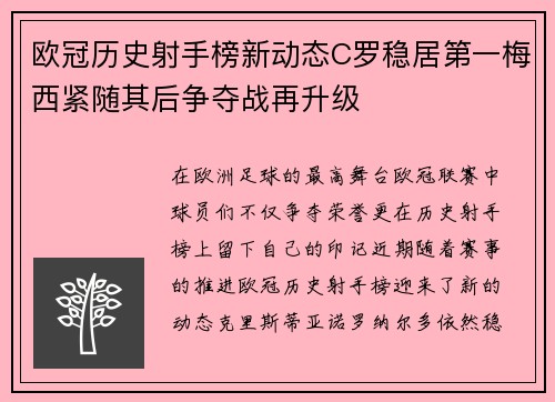 欧冠历史射手榜新动态C罗稳居第一梅西紧随其后争夺战再升级