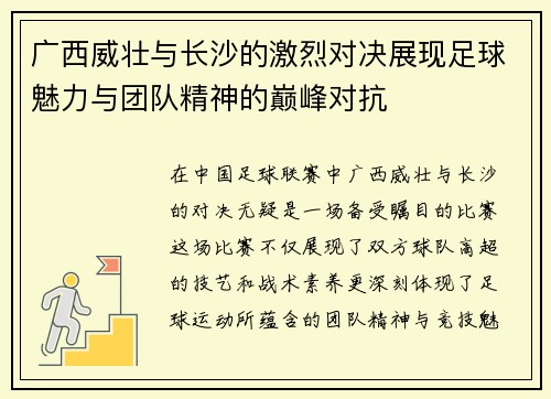 广西威壮与长沙的激烈对决展现足球魅力与团队精神的巅峰对抗
