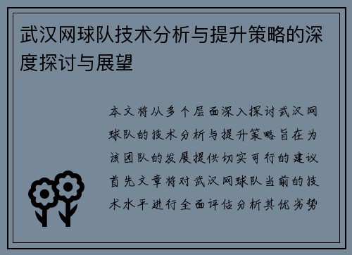 武汉网球队技术分析与提升策略的深度探讨与展望